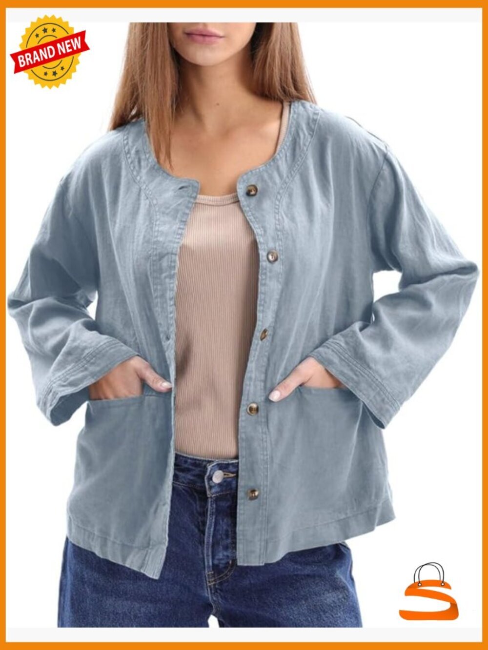 100% Linen Long Sleeve Button Up Crew Neck Lightweight Cardigan